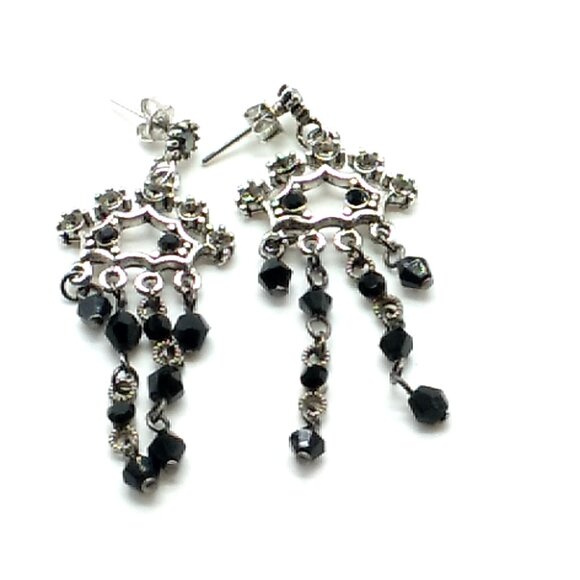 Vintage Style Black Chandelier Faceted Bead Rhinestone Silver Tone Dangle Post - Picture 2 of 7